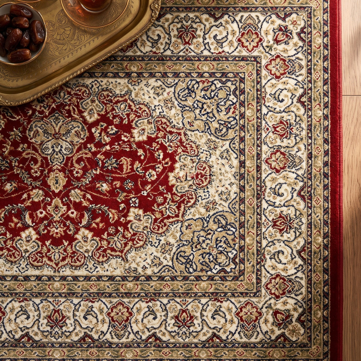 Shahrzad rug corner with a gold tray of tea glasses and dates