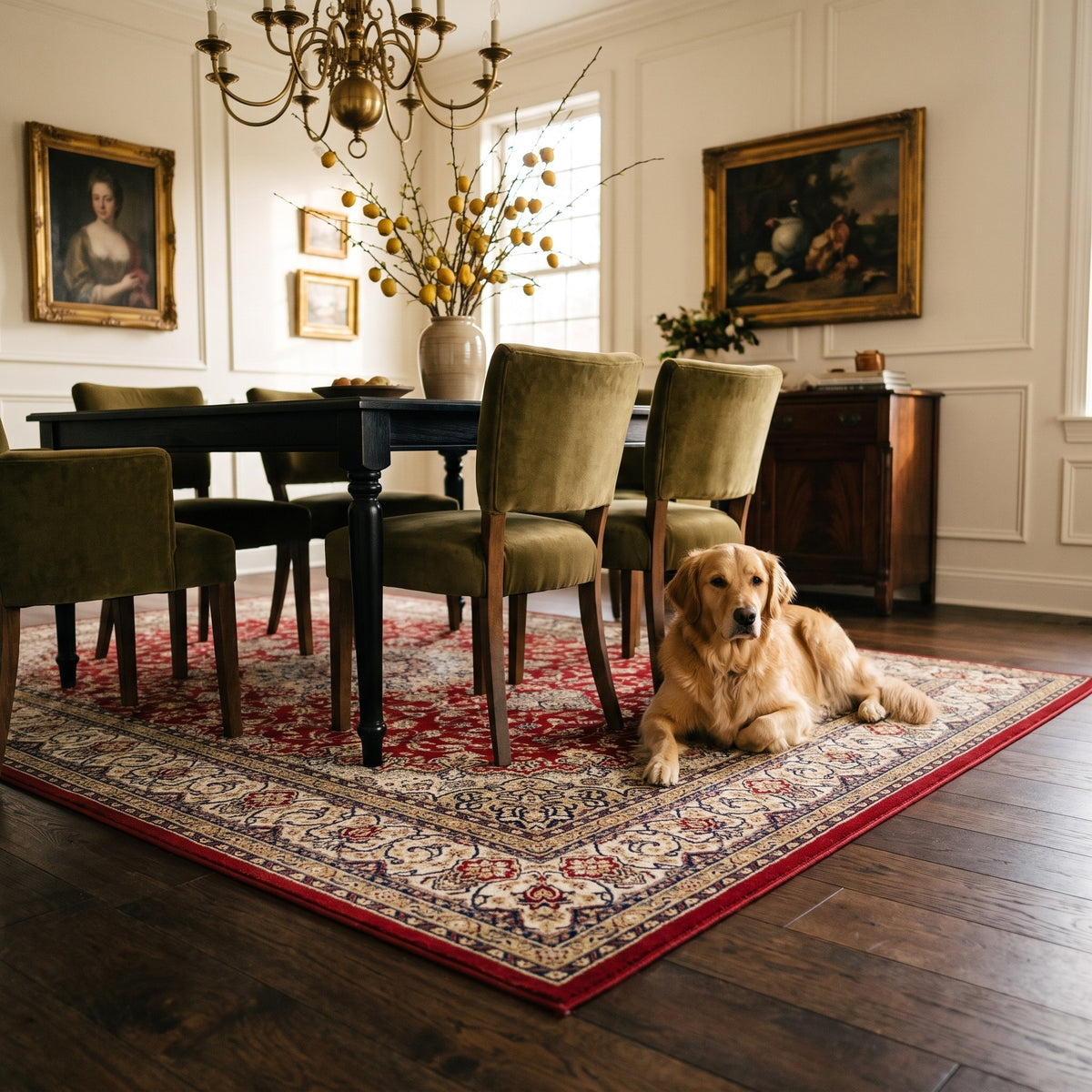 Golden retriever lying on the Shahrzad Crimson & Navy rug under the dining table