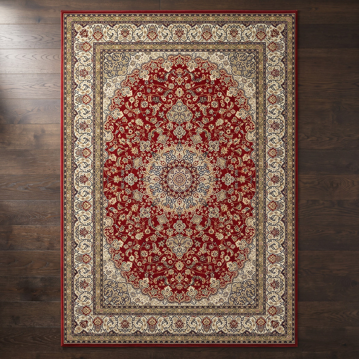 Shahrzad Crimson & Navy rug seen from above on a dark oak floor
