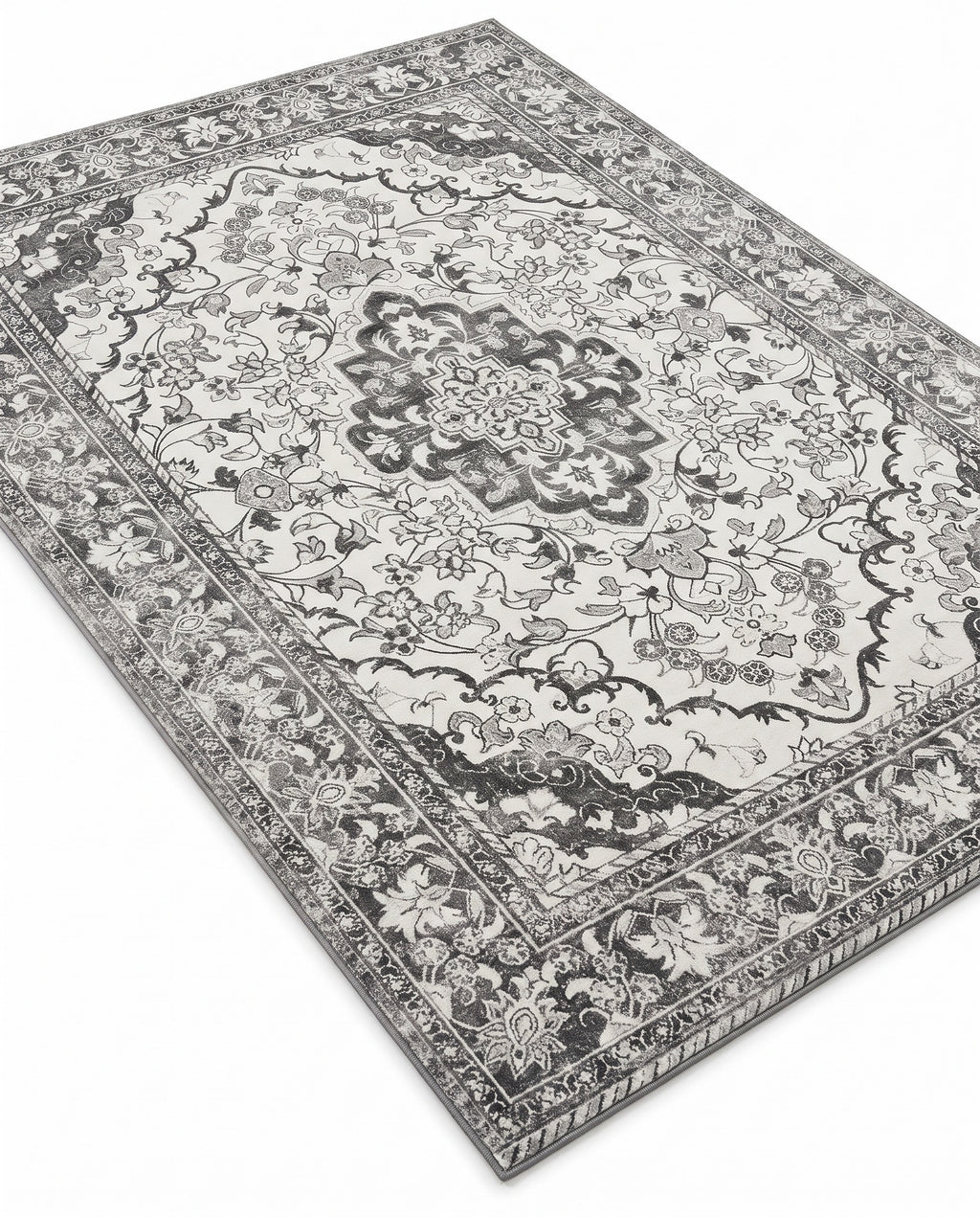 Simin Ash & Ivory rug, angled view showing the full design