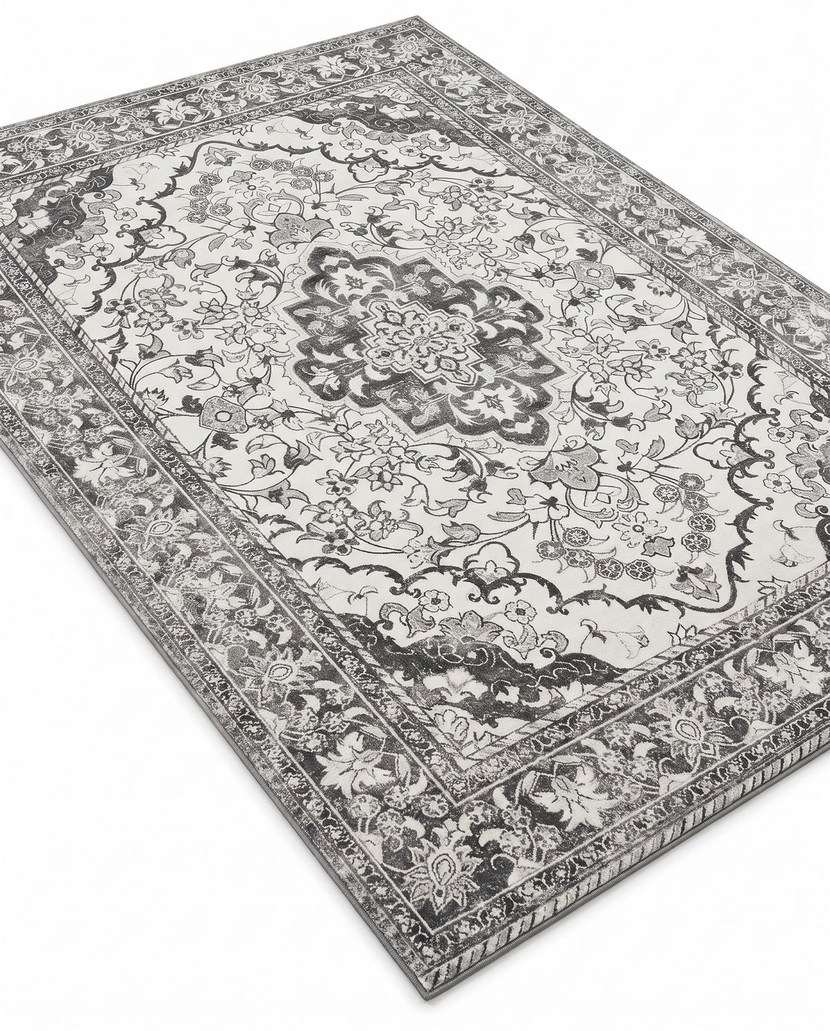 Simin Ash & Ivory rug, angled view showing the full design