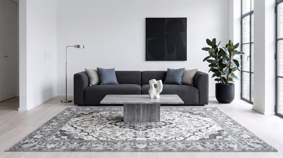 The same minimalist living room with the Simin Ash & Ivory rug