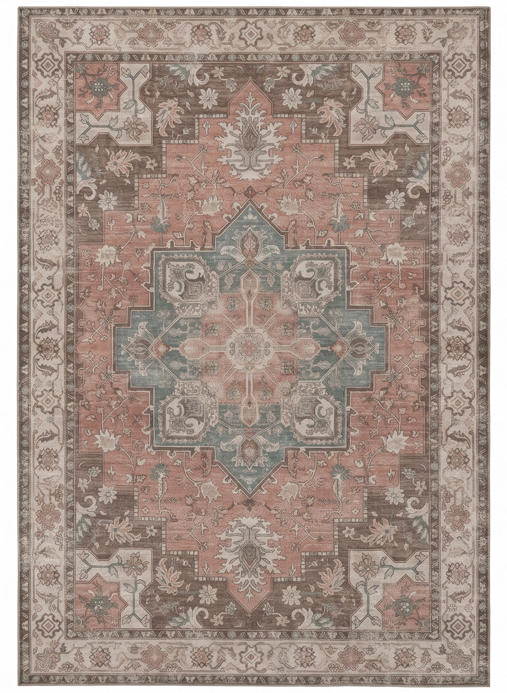Soraya Terracotta & Teal Persian-style washable rug, top view