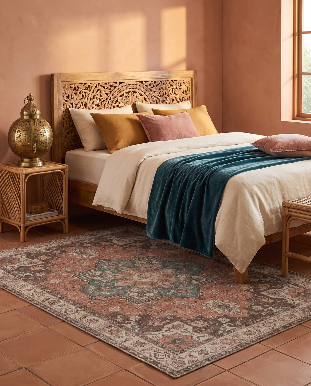 Soraya Terracotta & Teal rug beside a carved wood bed with a teal velvet throw