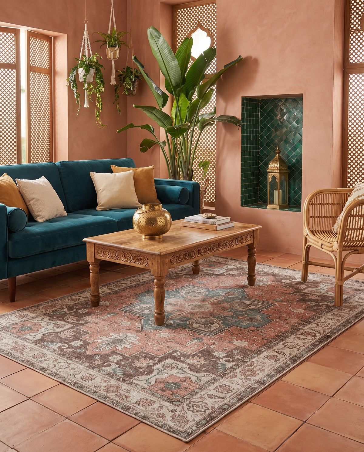 Soraya Terracotta & Teal rug in a riad-style living room with a deep teal velvet sofa