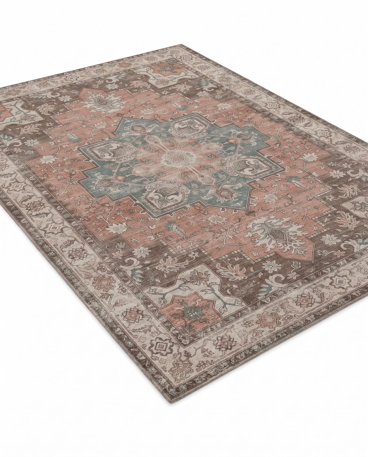 Soraya Terracotta & Teal rug, angled view showing the full design