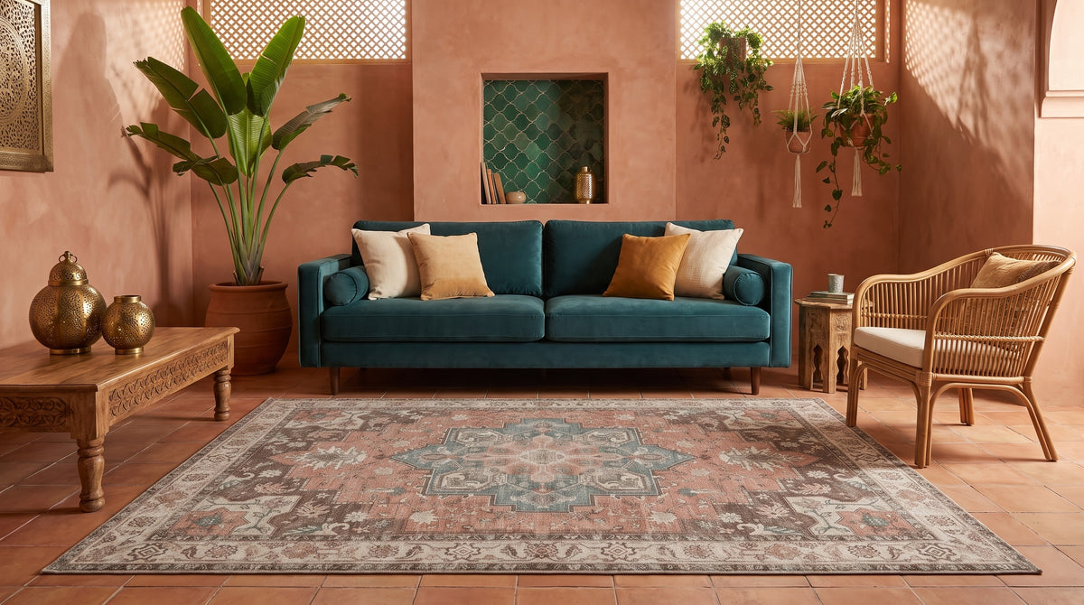 The same riad living room with the Soraya Terracotta & Teal rug
