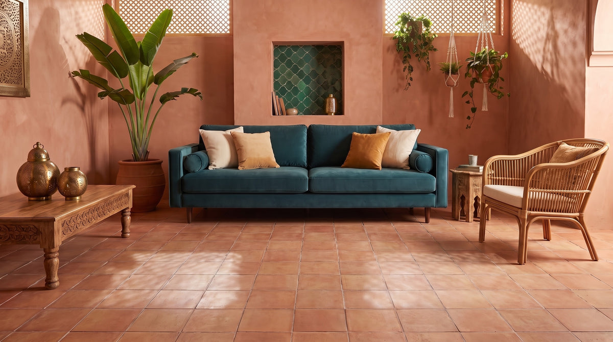 Riad-style living room before, bare terracotta tile floor