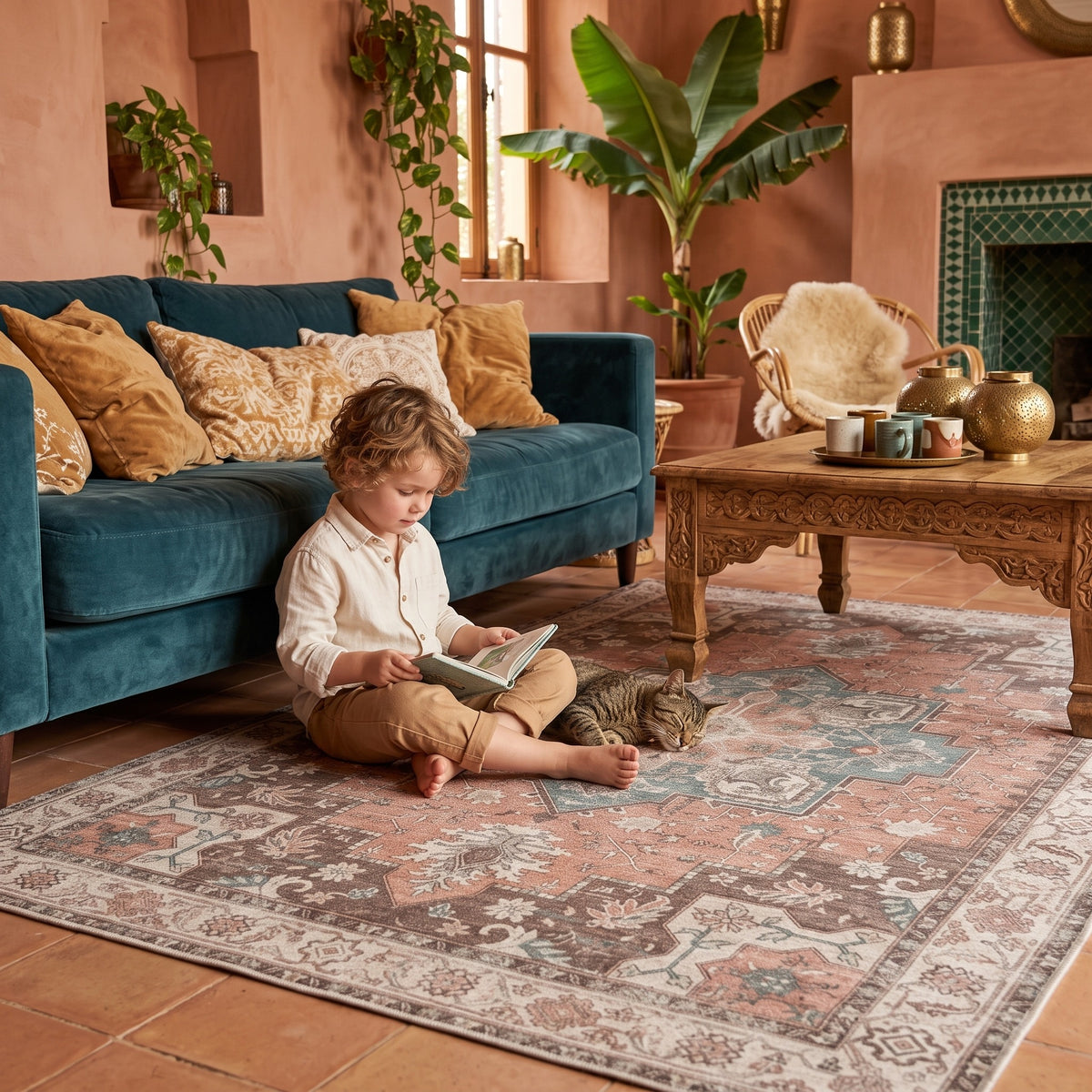 Child reading next to a sleeping cat on the Soraya Terracotta & Teal rug