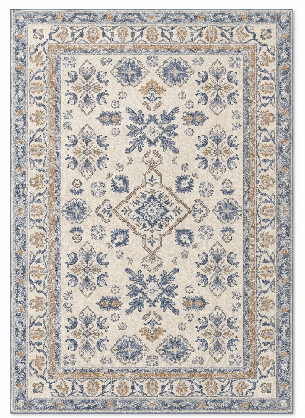 Yasaman Ivory & Cornflower Persian-style washable rug, top view