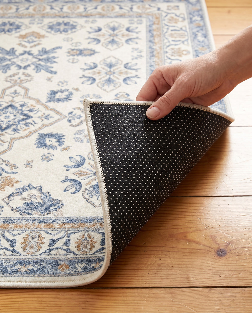 Dotted non-slip backing of the Yasaman rug