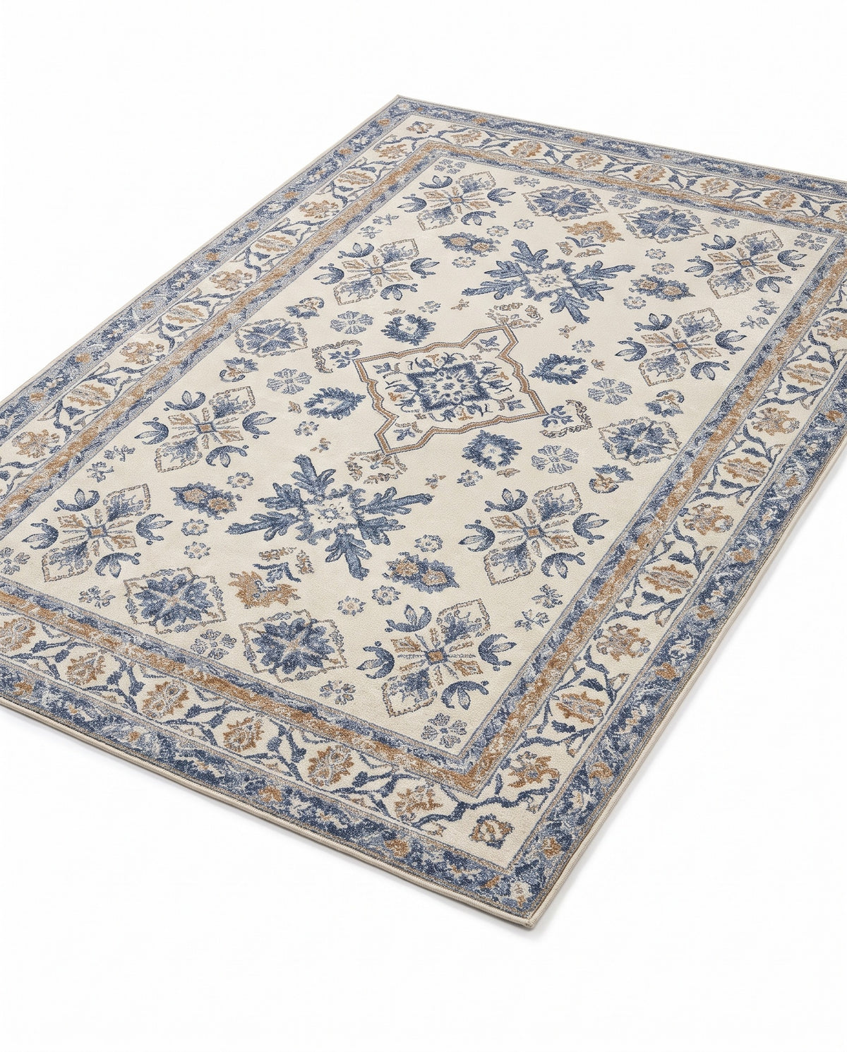 Yasaman Ivory & Cornflower rug, angled view showing the full design