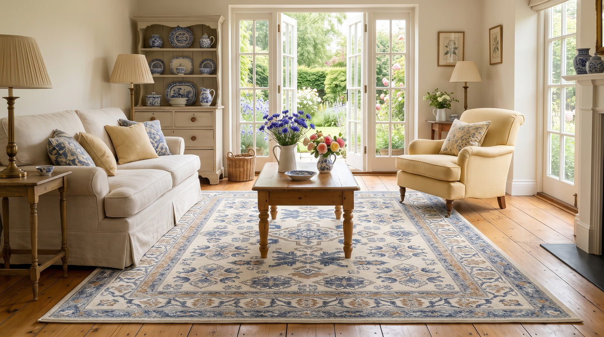 The same cottage living room with the Yasaman Ivory & Cornflower rug