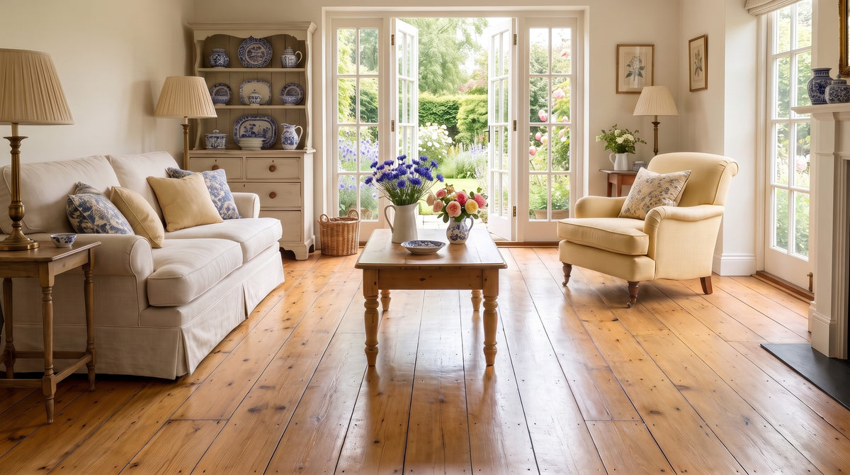 English cottage living room before, bare antique pine floor