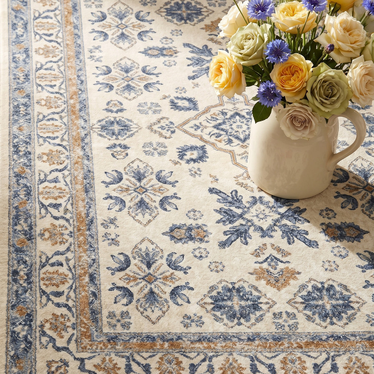 Yasaman rug corner with a jug of cornflowers and garden roses