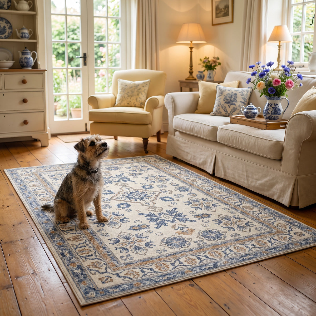 Small dog sitting on the Yasaman Ivory & Cornflower rug