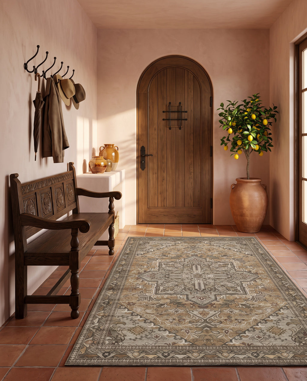 Zarin Ochre & Umber rug in a Mediterranean entryway with an arched wooden door