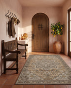 Zarin Ochre & Umber rug in a Mediterranean entryway with an arched wooden door