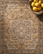 Close-up of the Zarin rug ochre medallion and umber border, soft low-pile velvet