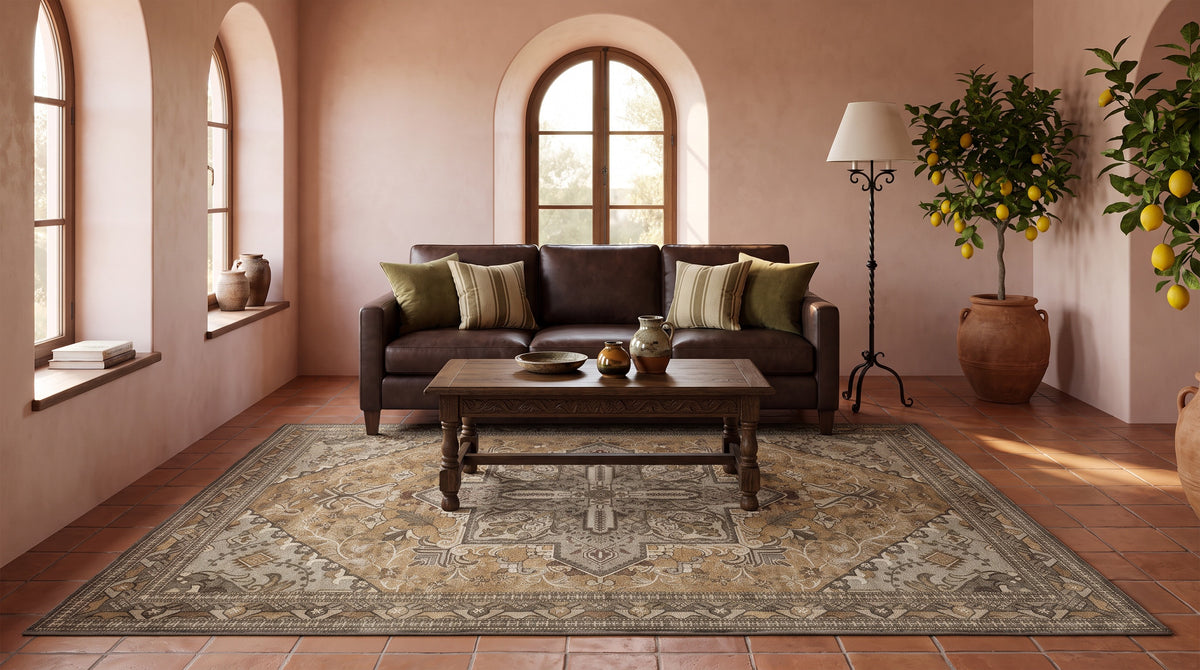 The same Mediterranean living room with the Zarin Ochre & Umber rug