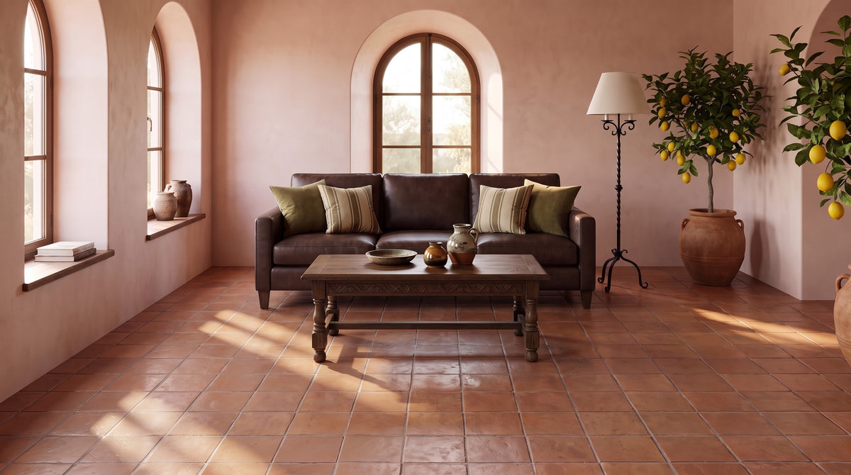 Mediterranean living room before, bare terracotta tile floor