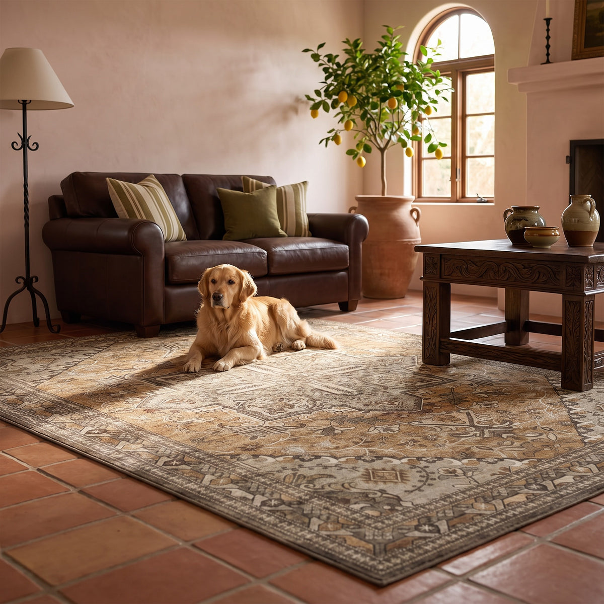 Golden retriever resting on the Zarin Ochre & Umber rug in the afternoon sun