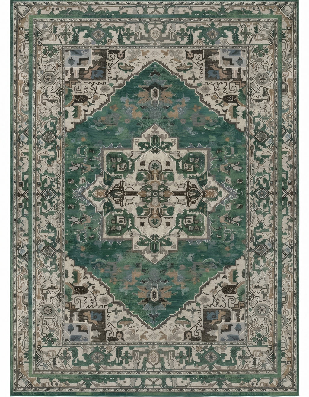 Zomorrod Emerald & Ivory Persian-style washable rug, top view