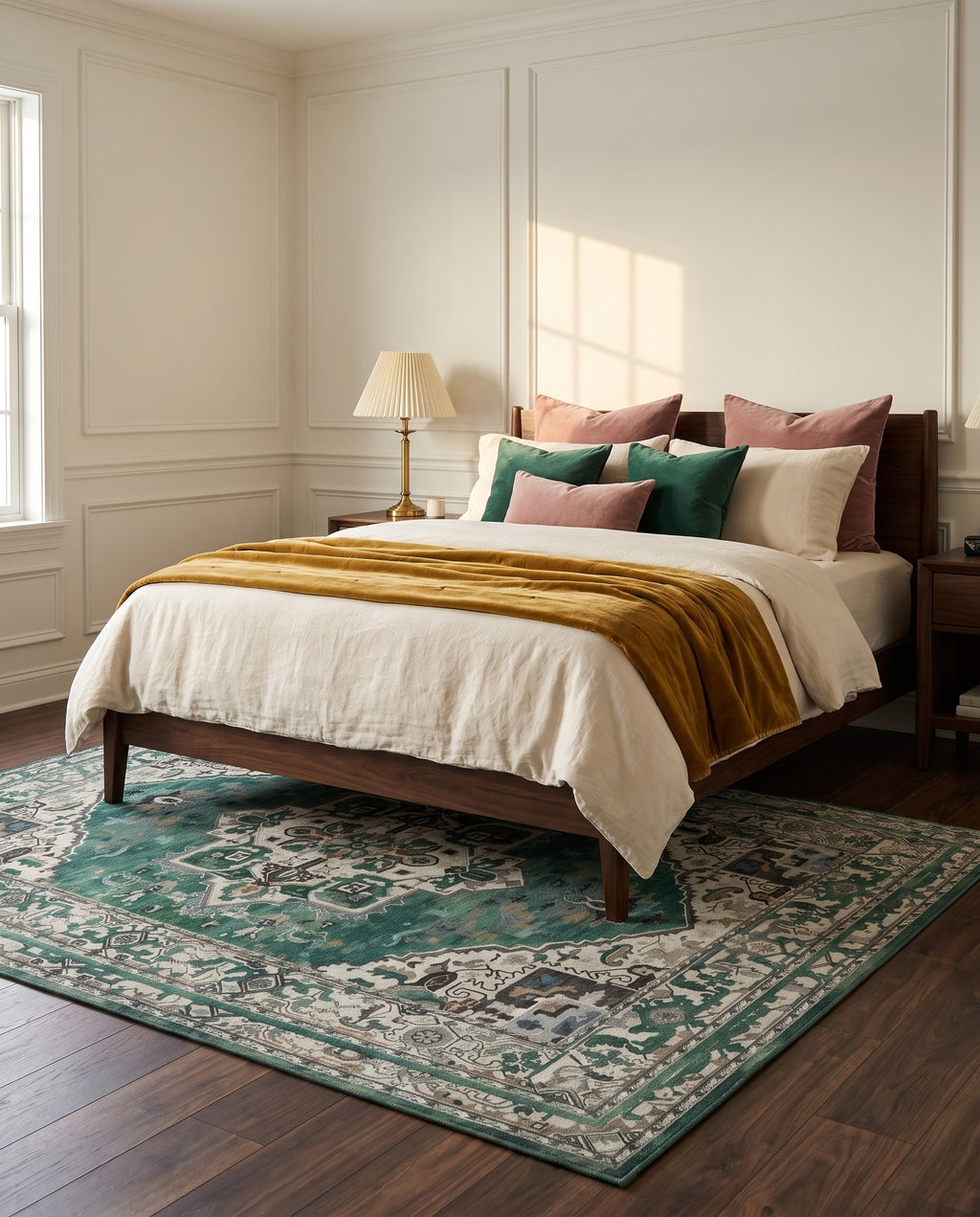 Zomorrod Emerald & Ivory rug under a walnut bed with a mustard velvet throw