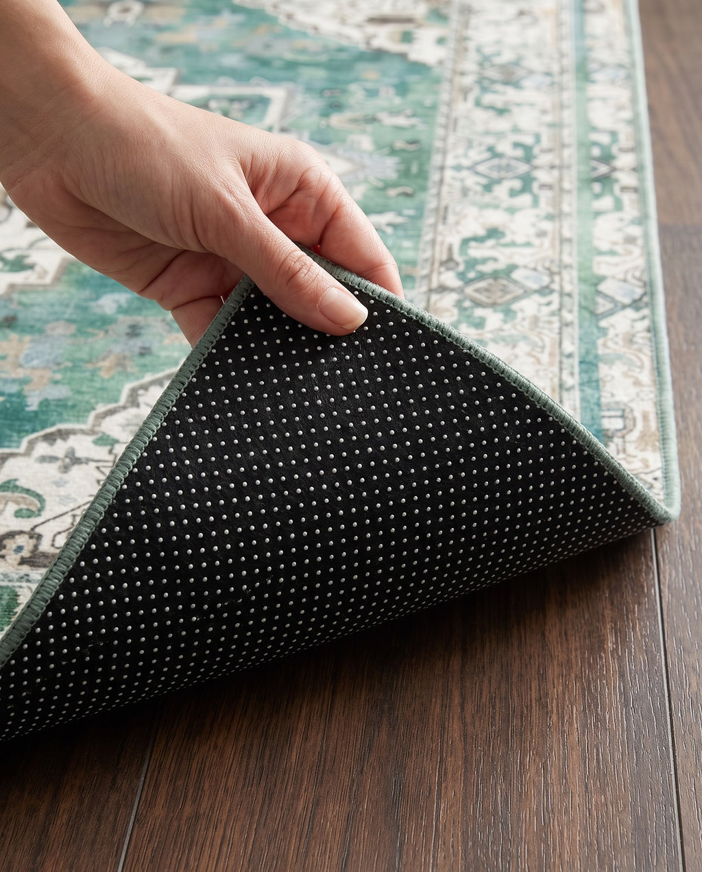 Dotted non-slip backing of the Zomorrod rug