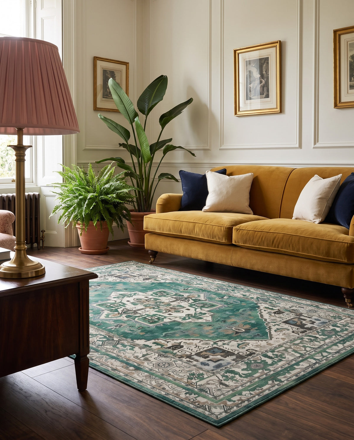 Zomorrod Emerald & Ivory rug in a neo-Regency living room with a mustard velvet sofa