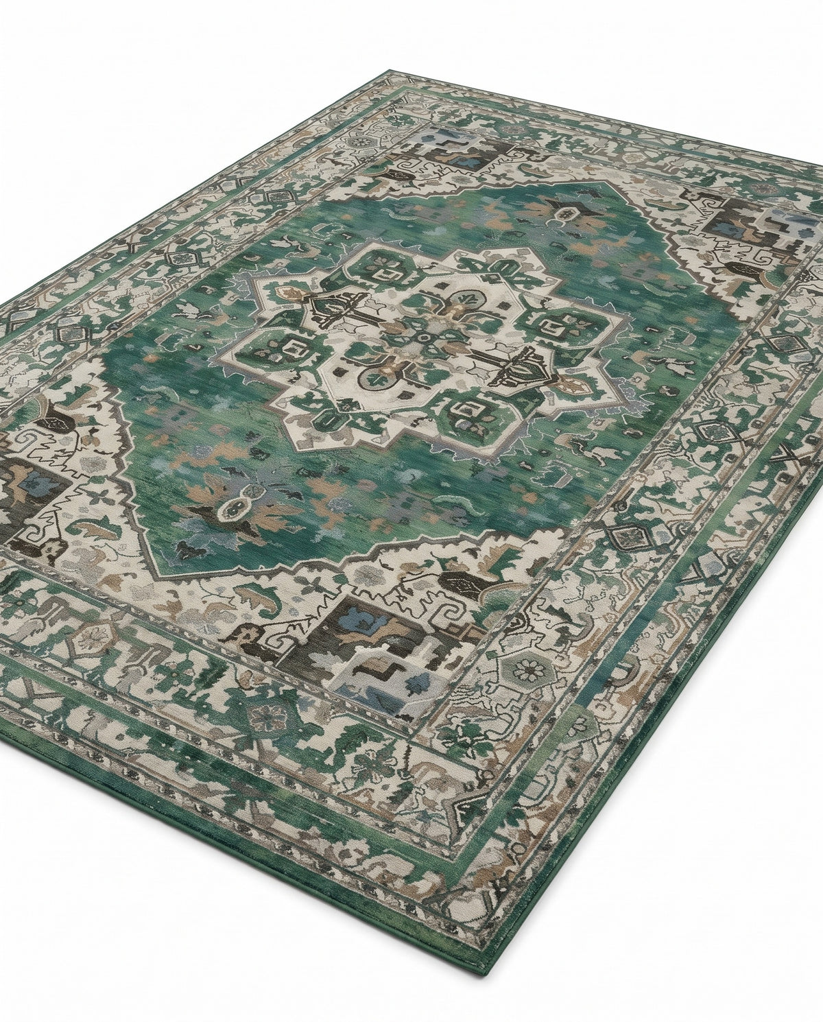 Zomorrod Emerald & Ivory rug, angled view showing the full design