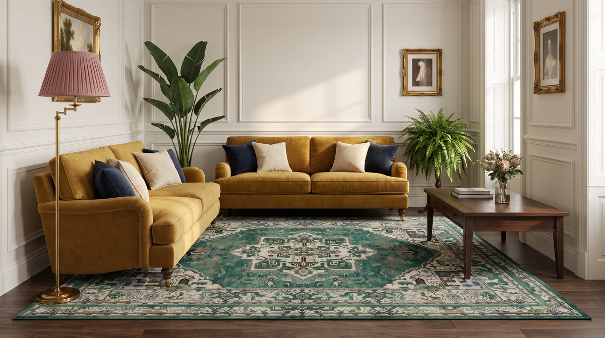 The same living room with the Zomorrod Emerald & Ivory rug