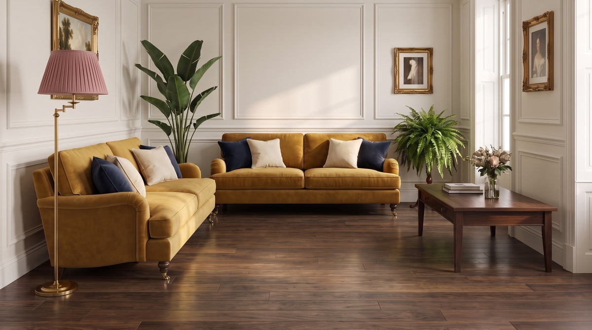 Neo-Regency living room before, bare dark walnut floor