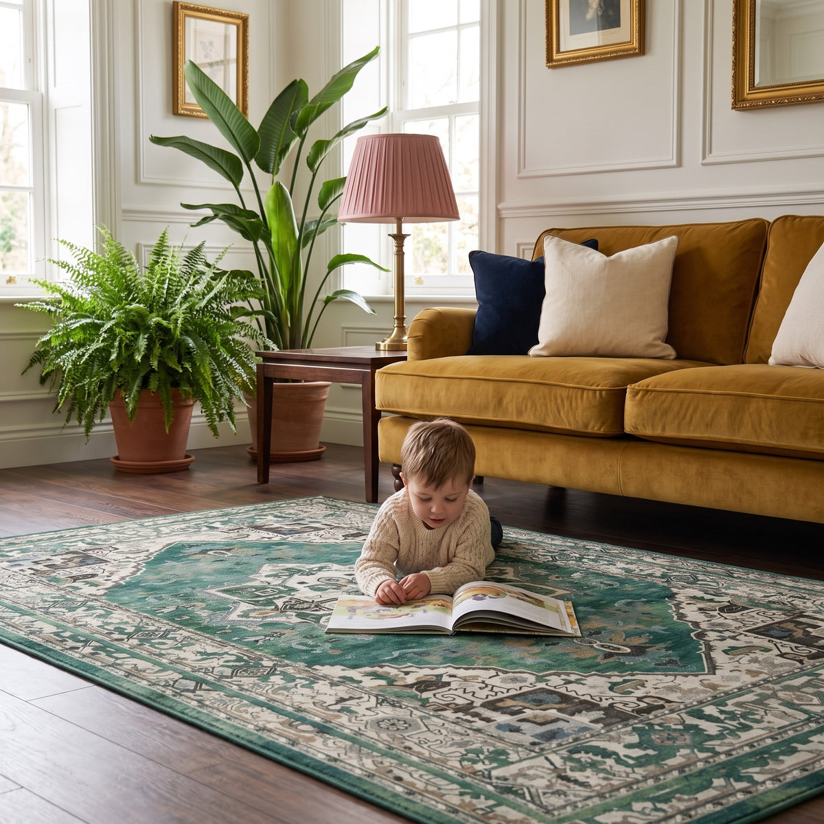 Child reading a picture book on the Zomorrod Emerald & Ivory rug