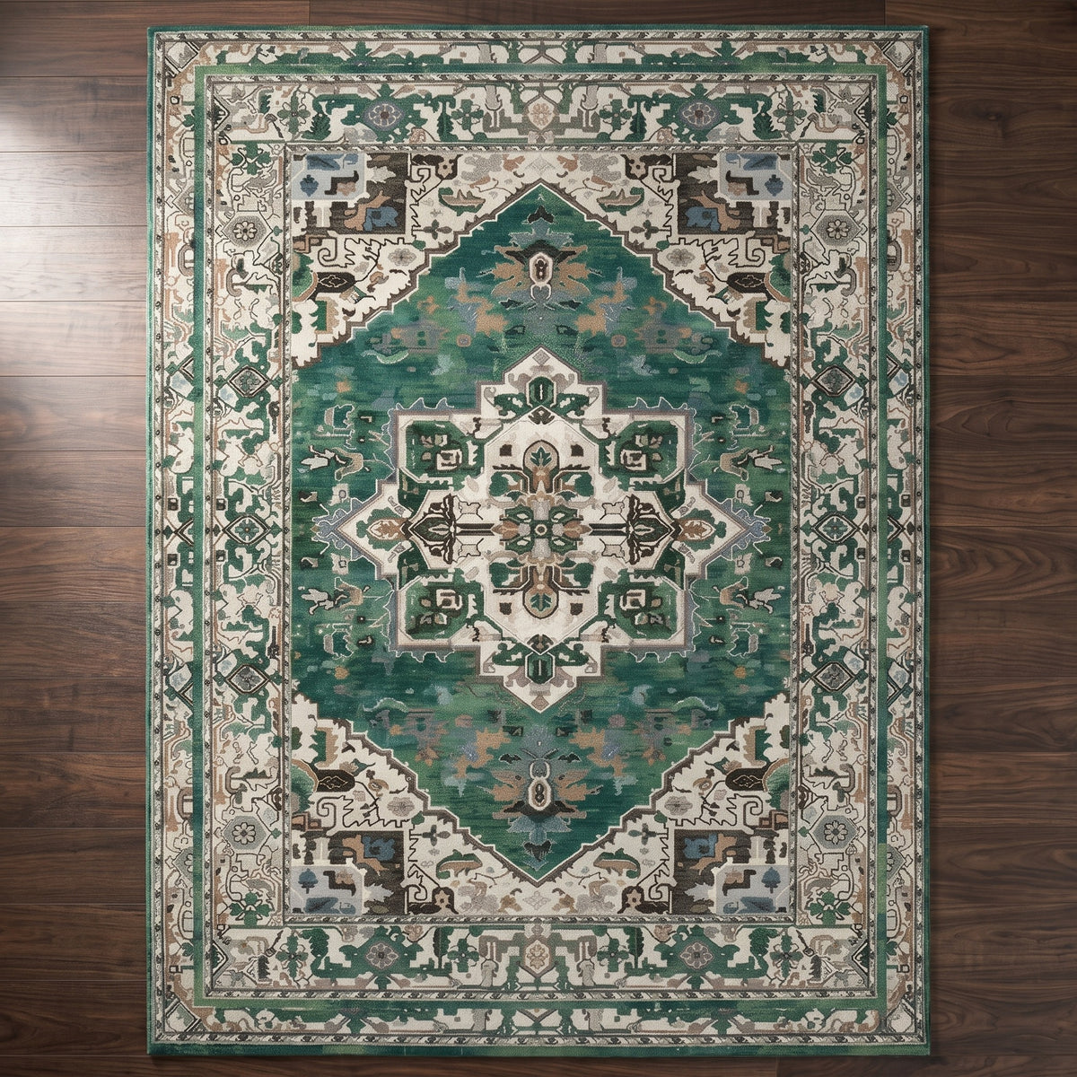 Zomorrod Emerald & Ivory rug seen from above on a dark walnut floor